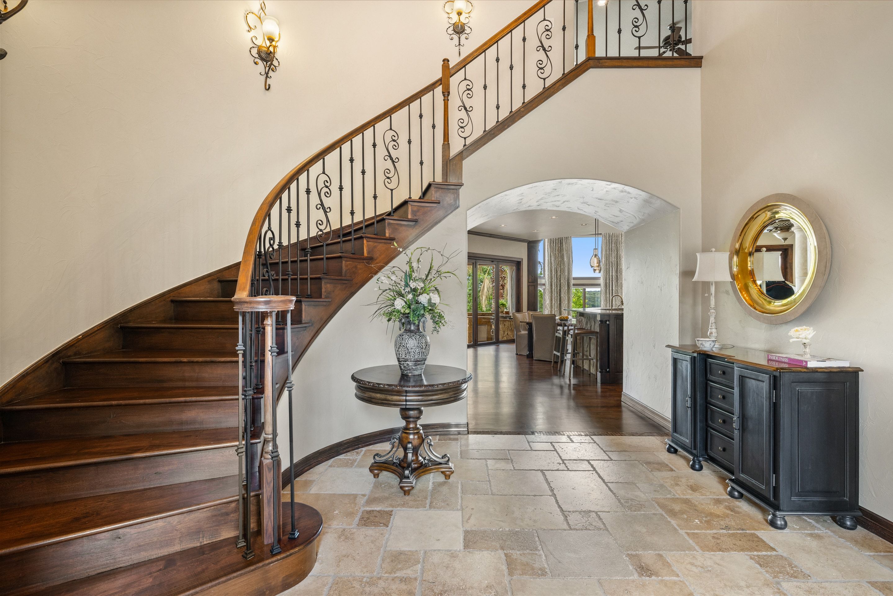 Curved stair and entry hall at Lakehaven