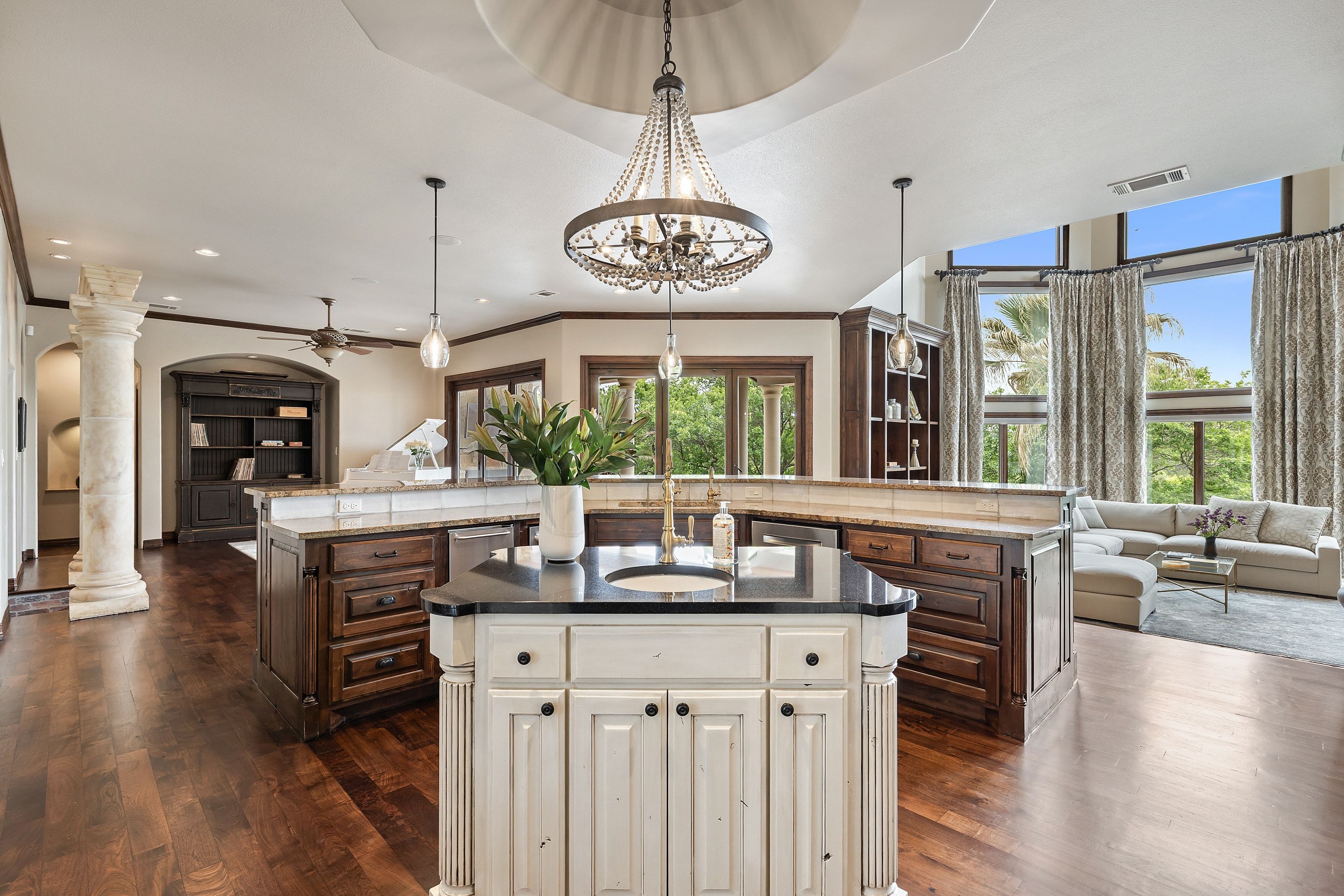 Arched interior passage and living room view at Lakehaven